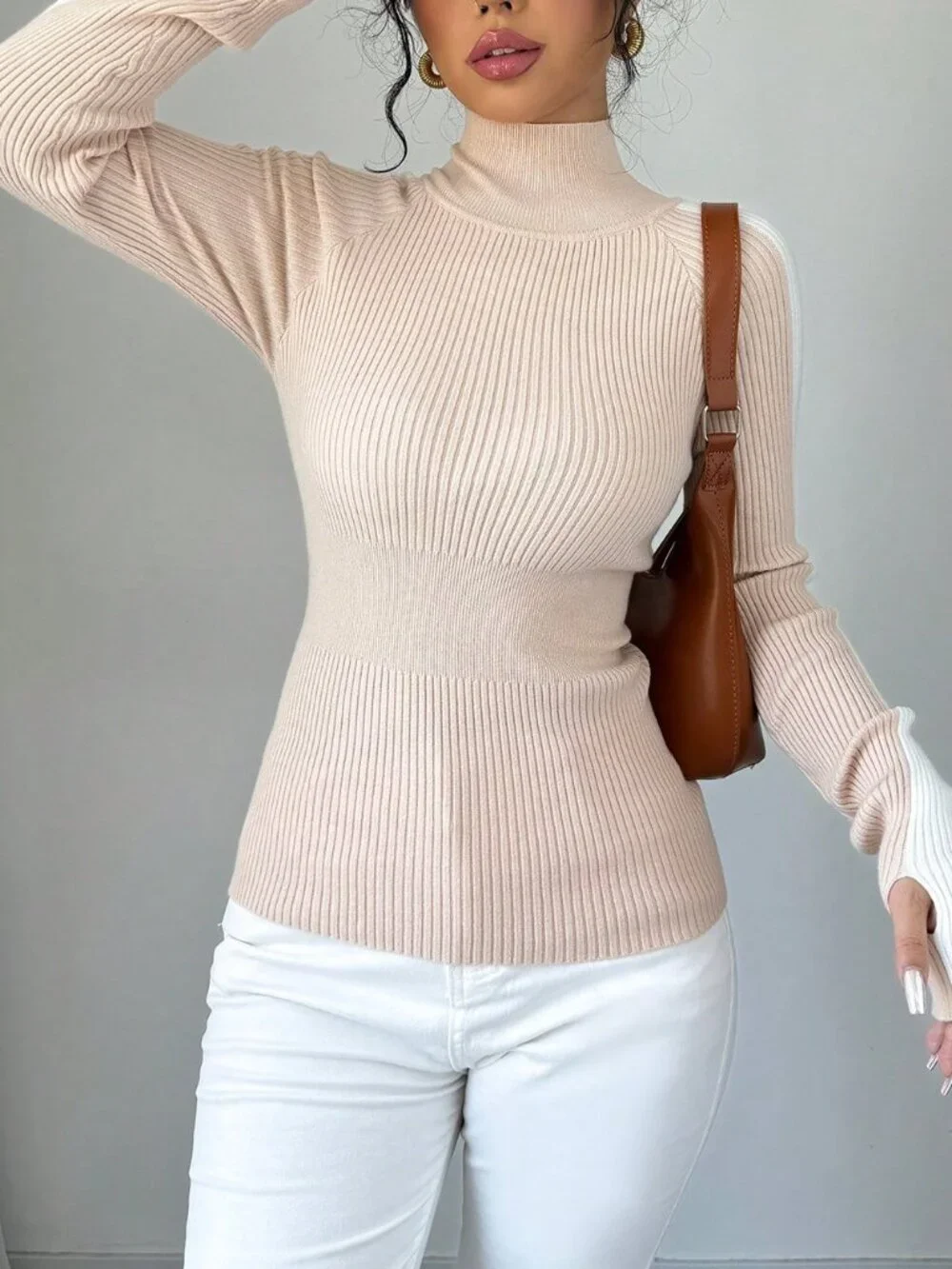Khaki Casual Women's Colorblock Stand Collar Minimalist Knit Sweater